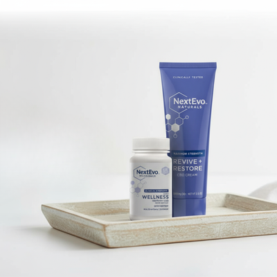 5% CBD Max Cream, 5000mg CBD and 40mg CBD tablets on tray